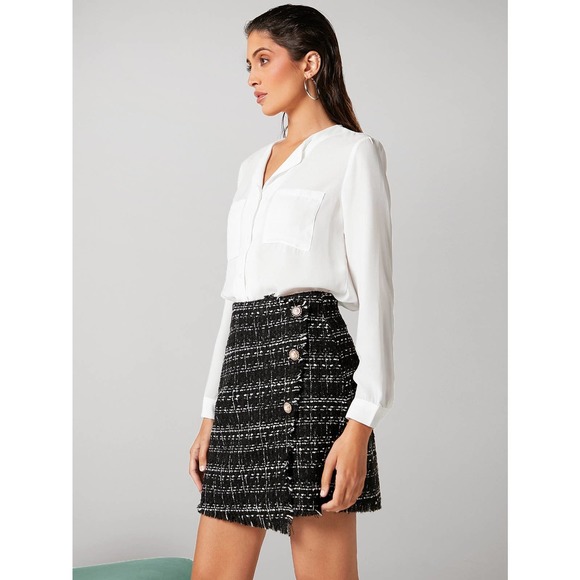 High Waist Plaid Pattern Raw Trim Single Breasted Tweed mini Skirt black white - Picture 6 of 6